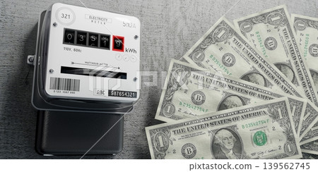Electricity meter and dollar banknotes - energy bill concept - 3D illustration Electricity meter and dollar banknotes - energy bill concept - 3D illustration 139562745