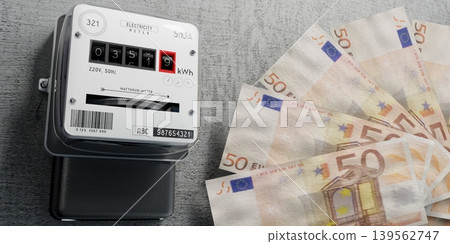 Electricity meter and euro banknotes - energy bill concept - 3D illustration Electricity meter and euro banknotes - energy bill concept - 3D illustration 139562747