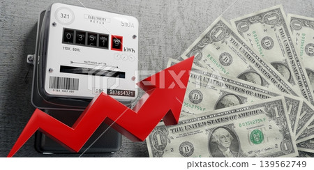 Electricity meter and dollar banknotes - energy bill concept - 3D illustration Electricity meter and dollar banknotes - energy bill concept - 3D illustration 139562749
