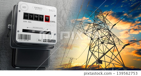 Electricity meter and pylons with cables - 3D illustration Electricity meter and pylons with cables - 3D illustration 139562753