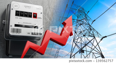 Electricity meter, pylons and upwards arrow - 3D illustration Electricity meter, pylons and upwards arrow - 3D illustration 139562757