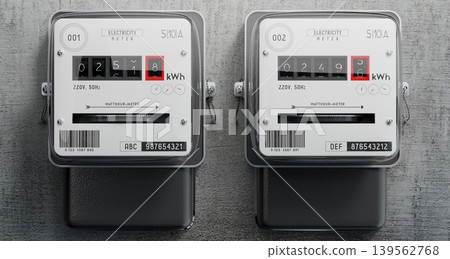 Electricity meters and concrete wall - 3D illustration Electricity meters and concrete wall - 3D illustration 139562768