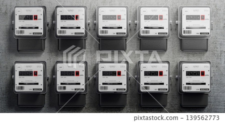 Electricity meters and concrete wall - 3D illustration Electricity meters and concrete wall - 3D illustration 139562773