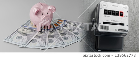 Electricity meter, piggy bank and 100 dollar bills - 3D illustration 139562778