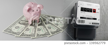 Electricity meter, piggy bank and 1 dollar bills - 3D illustration Electricity meter, piggy bank and 1 dollar bills - 3D illustration 139562779