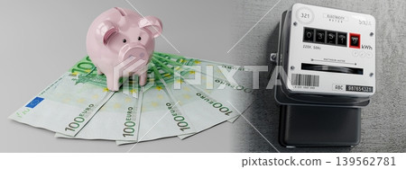 Electricity meter, piggy bank and 100 euro bills - 3D illustration Electricity meter, piggy bank and 100 euro bills - 3D illustration 139562781