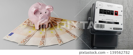 Electricity meter, piggy bank and 50 euro bills - 3D illustration 139562782