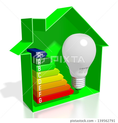 Energy consumption, effectivity, rating chart, house shape and light bulb - 3D illustration Energy consumption, effectivity, rating chart, house shape and light bulb - 3D illustration 139562791