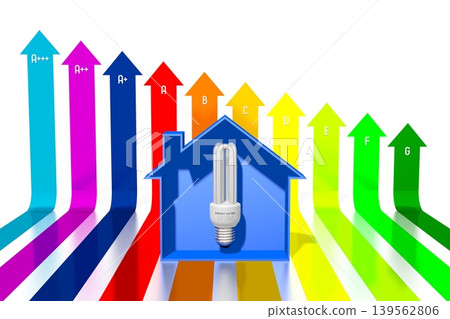 House power consumption rating concept with house shape and light bulb - 3D illustration House power consumption rating concept with house shape and light bulb - 3D illustration 139562806