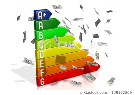 Colorful power consumption, effectivity, rating chart and flying money banknotes - 3D illustration Colorful power consumption, effectivity, rating chart and flying money banknotes - 3D illustration 139562809