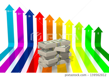 Colorful arrows and money banknotes - power consumption, effectivity, saving concept - 3D illustration Colorful arrows and money banknotes - power consumption, effectivity, saving concept - 3D illustration 139562812