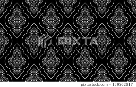 Flower geometric pattern. Seamless vector background. White and black ornament. Ornament for fabric, wallpaper, packaging. Decorative print. Flower geometric pattern. Seamless vector background. White and black ornament. Ornament for fabric, wallpaper, packaging. Decorative print. 139562817