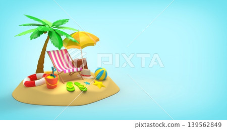 Beach Paradise with Palm Tree and Summer Accessories on blue background, travel concept 3d rendering Beach Paradise with Palm Tree and Summer Accessories on blue background, travel concept 3d rendering 139562849
