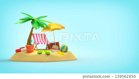 Beach Paradise with Palm Tree and Summer Accessories on blue background, travel concept 3d rendering Beach Paradise with Palm Tree and Summer Accessories on blue background, travel concept 3d rendering 139562850
