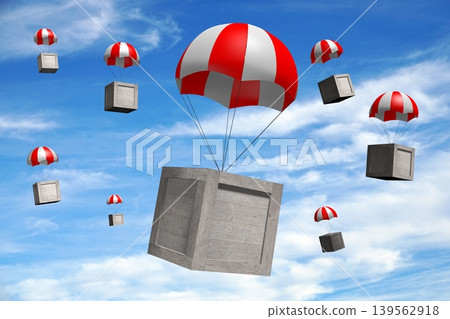 Wooden boxes flying on parachutes - delivery concept - 3D illustration Wooden boxes flying on parachutes - delivery concept - 3D illustration 139562918