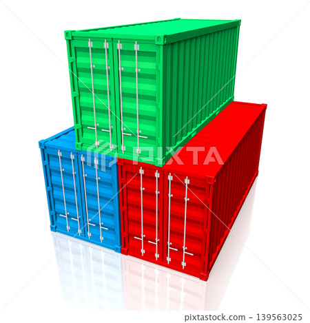 Three colorful cargo containers isolated on white background - 3D illustration Three colorful cargo containers isolated on white background - 3D illustration 139563025