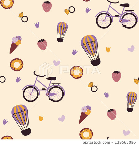 colorful children seamless pattern with bike, sweets and air balloon colorful children seamless pattern with bike, sweets and air balloon 139563080
