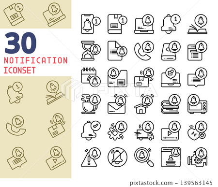 30 Notification Icons, Bell, Reminder, and Social Media Alert Vector Set. 139563145