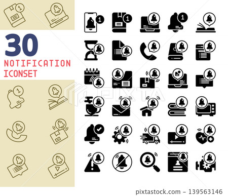 30 Notification Icons, Bell, Reminder, and Social Media Alert Vector Set. 139563146