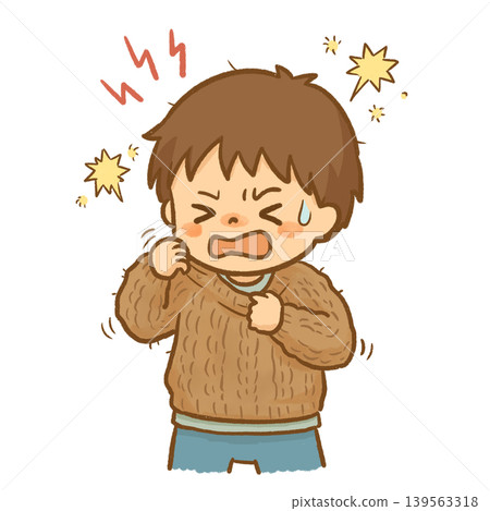 An illustration of a boy with sensory sensitivities who dislikes the itchy feeling of a sweater. This material is intended for raising awareness of tactile hypersensitivity and developmental disorders, and for educational and medical purposes. 139563318