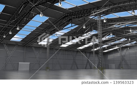 Empty warehouse with roof windows and several pillars - 3D illustration 139563323