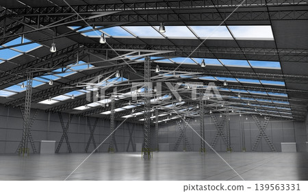 Empty warehouse with roof windows and several pillars - 3D illustration Empty warehouse with roof windows and several pillars - 3D illustration 139563331