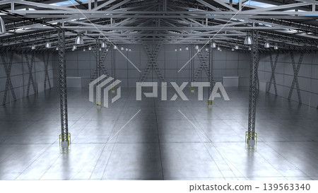 Empty warehouse with several pillars and hanging lamps - 3D illustration Empty warehouse with several pillars and hanging lamps - 3D illustration 139563340