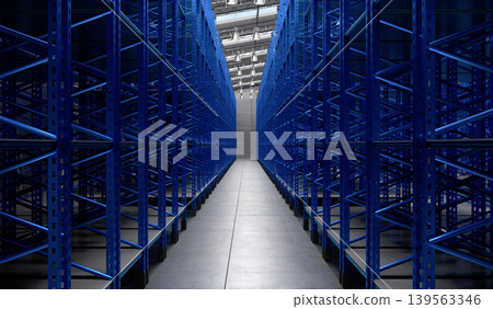 Warehouse with empty shelves - 3D illustration Warehouse with empty shelves - 3D illustration 139563346