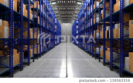 Warehouse with packages on shelves - 3D illustration Warehouse with packages on shelves - 3D illustration 139563359