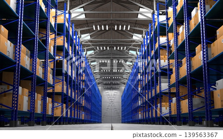 Warehouse with packages on shelves - 3D illustration 139563367