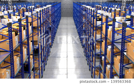 Warehouse with packages on shelves - 3D illustration 139563368