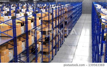 Warehouse with packages on shelves - 3D illustration 139563369