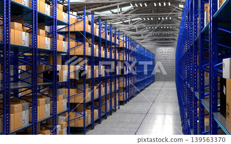 Warehouse with packages on shelves - 3D illustration Warehouse with packages on shelves - 3D illustration 139563370