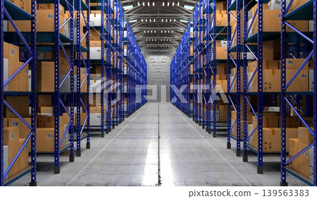 Warehouse with packages on shelves - 3D illustration Warehouse with packages on shelves - 3D illustration 139563383