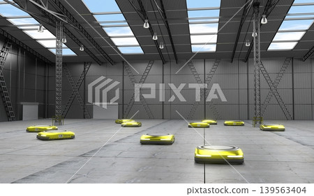 Yellow autonomous robots in warehouse - 3D illustration Yellow autonomous robots in warehouse - 3D illustration 139563404