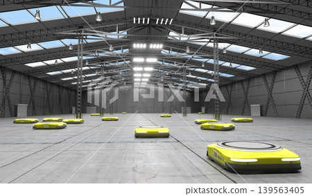 Yellow autonomous robots in warehouse - 3D illustration Yellow autonomous robots in warehouse - 3D illustration 139563405