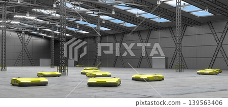 Yellow autonomous robots in warehouse - 3D illustration Yellow autonomous robots in warehouse - 3D illustration 139563406