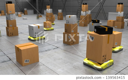 Autonomous robots moving packages in warehouse - 3D illustration Autonomous robots moving packages in warehouse - 3D illustration 139563415