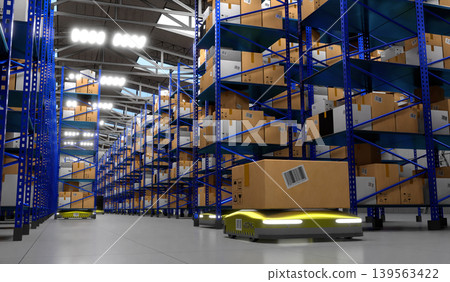Warehouse with packages, rack shelves and robots - 3D illustration Warehouse with packages, rack shelves and robots - 3D illustration 139563422
