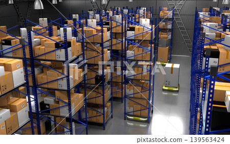 Warehouse with packages, rack shelves and robots - 3D illustration 139563424