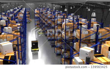 Warehouse with packages, rack shelves and robots - 3D illustration 139563425