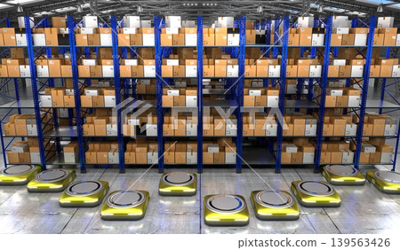 Warehouse with packages, rack shelves and robots - 3D illustration 139563426