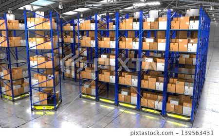 Warehouse with packages, rack shelves and robots - 3D illustration Warehouse with packages, rack shelves and robots - 3D illustration 139563431