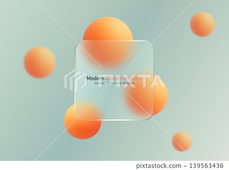 Frosted glass square with orange gradient spheres on a soft sage background Frosted glass square with orange gradient spheres on a soft sage background 139563436