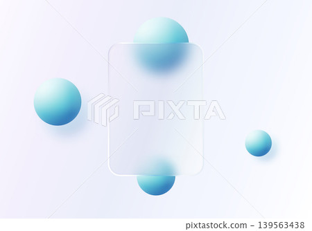 Vertical panel of frosted glass with floating turquoise spheres on a pale lavender background. 139563438