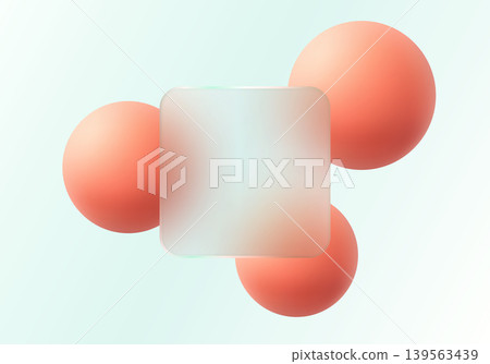 Coral gradient spheres with frosted glass square banner on pale mint background. 139563439