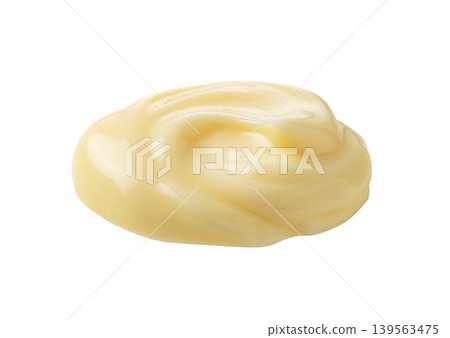 A lump of mayonnaise placed against a white background, with a glossy texture, viewed from a diagonal angle. 139563475