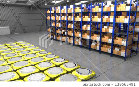 Warehouse with packages, rack shelves and robots - 3D illustration Warehouse with packages, rack shelves and robots - 3D illustration 139563491
