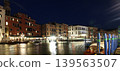 A night view of the Grand Canal from the Rialto Bridge in the old town of Venice, Italy. 139563507