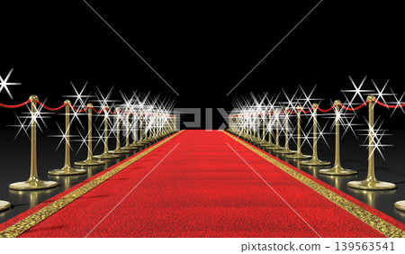 Red Carpet, Golden Stanchions and Camera Flashes - 3d illustration 139563541